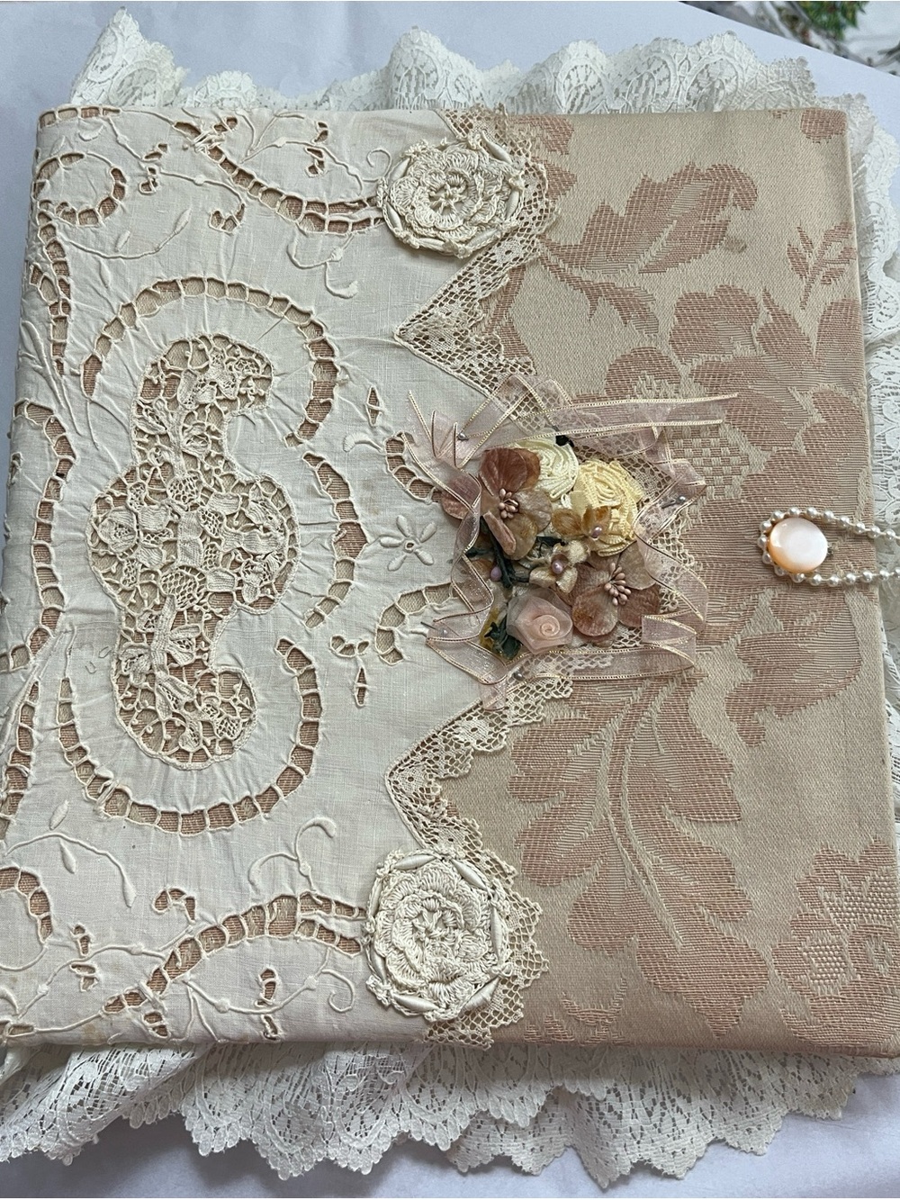 Handmade Vintage Lace Floral Fabric 3-ring binder Cream Blush OOAK Cottagecore